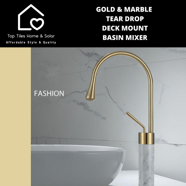 Gold & Marble Tear Drop Deck Mount Basin Mixer