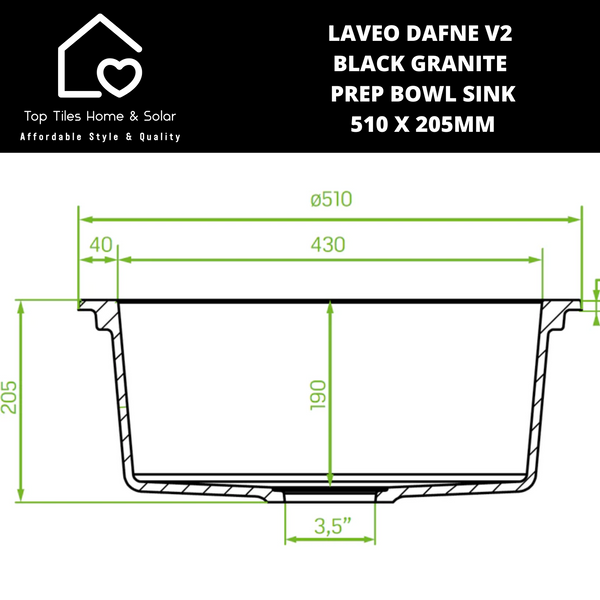 Laveo Dafne V2 Black Granite Prep Bowl Sink - 510 x 205mm