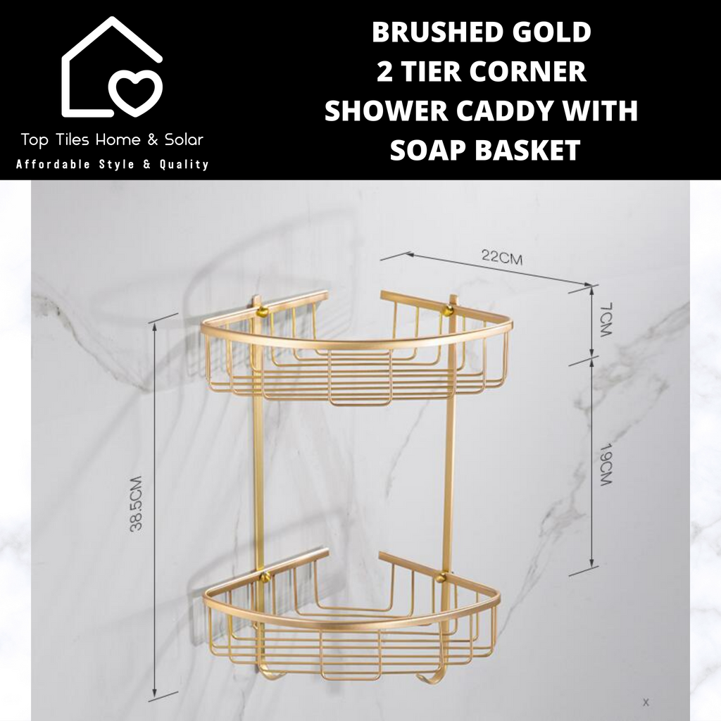 Brushed Gold 2 Tier Corner Shower Caddy With Soap Basket Top Tiles Home Solar