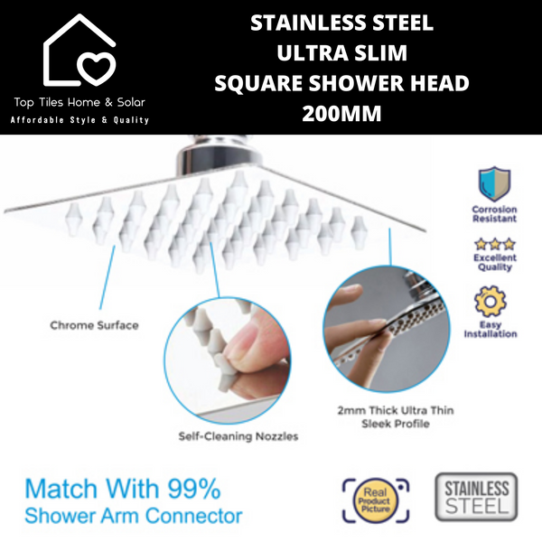 Stainless Steel Ultra Slim Square Shower Head - 200mm