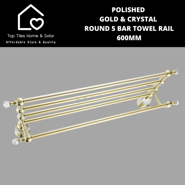Polished Gold & Crystal Round 5 Bar Towel Rail - 600mm
