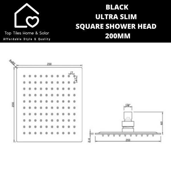 Black Ultra Slim Square Shower Head - 200mm
