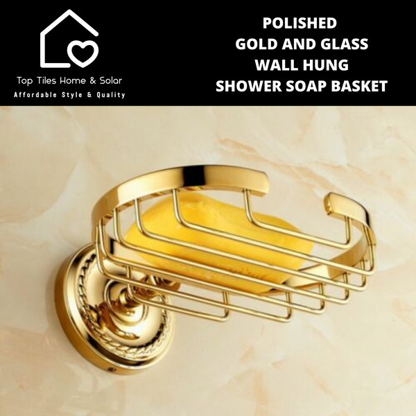 Polished Gold And Glass Wall Hung Shower Soap Basket