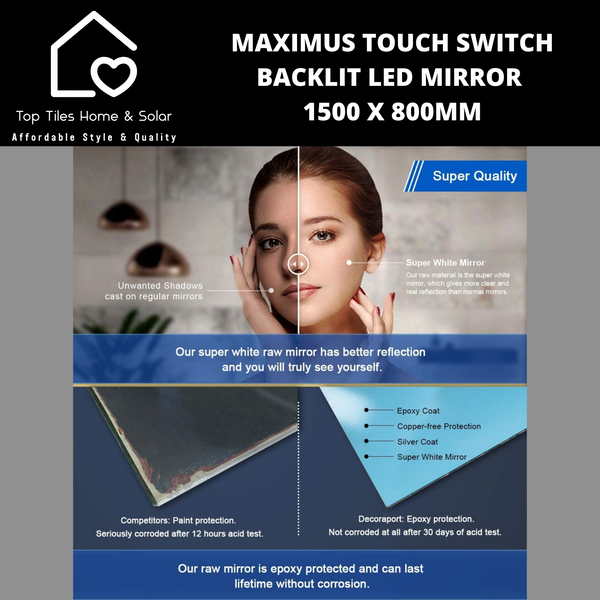 Maximus Backlit Led Mirror with Touch Switch  1500 x 800mm