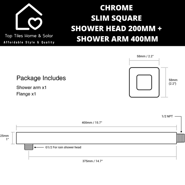 Chrome Slim Square Shower Head 200mm + Arm 400mm