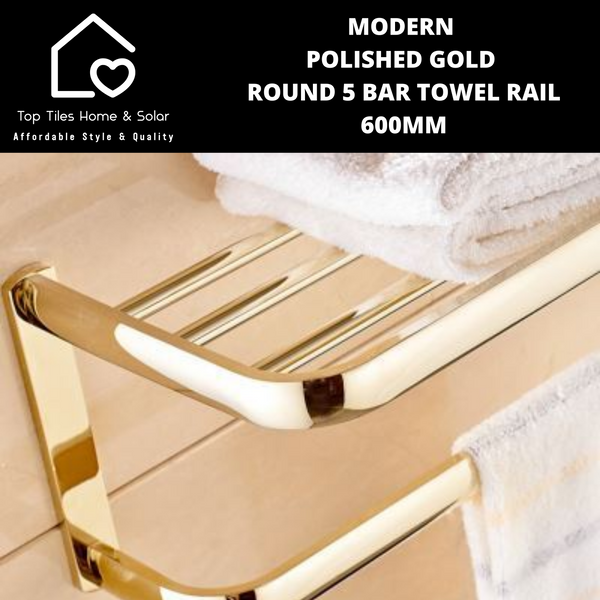 Modern Polished Gold Round 5 Bar Towel Rail - 600mm