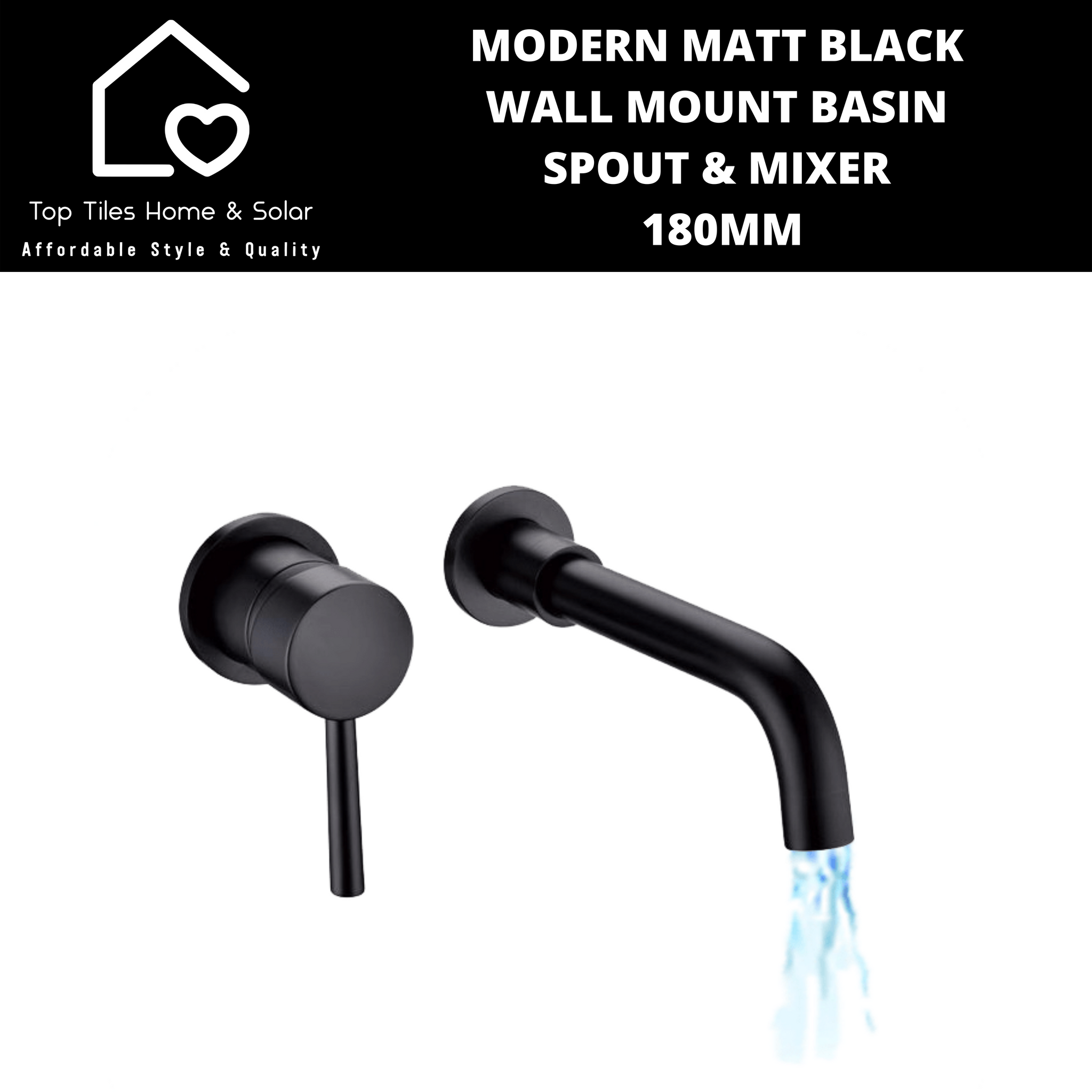 Modern Matt Black Wall Mount Basin Spout & Mixer - 180mm