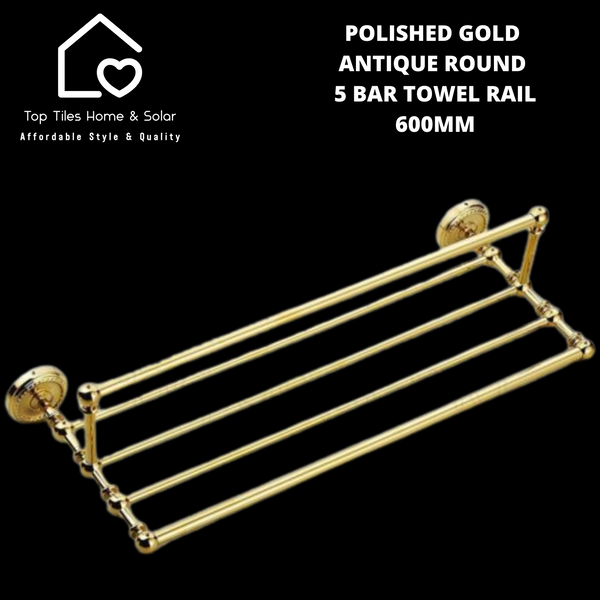 Polished Gold Antique Round 5 Bar Towel Rail - 600mm