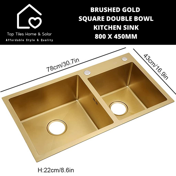 Brushed Gold Square Double Bowl Kitchen Sink - 800 x 450mm