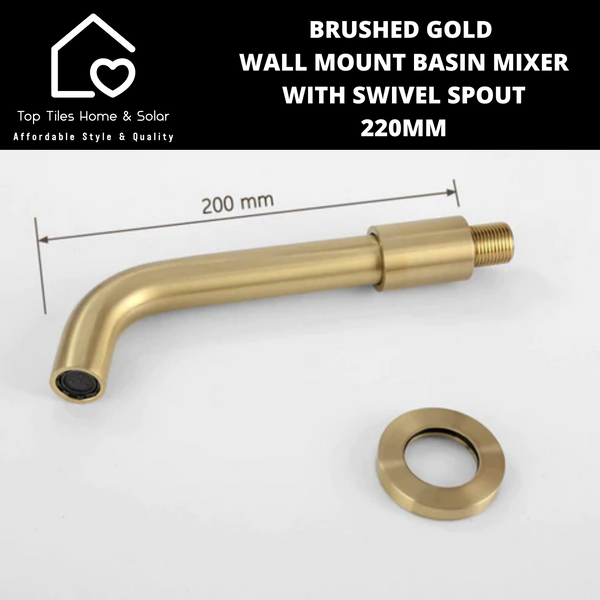 Brushed Gold Wall Mount Basin Mixer With Swivel Spout - 200mm