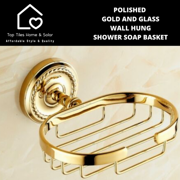 Polished Gold And Glass Wall Hung Shower Soap Basket