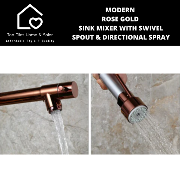 Modern Rose Gold Sink Mixer with Swivel Spout & Directional Spray