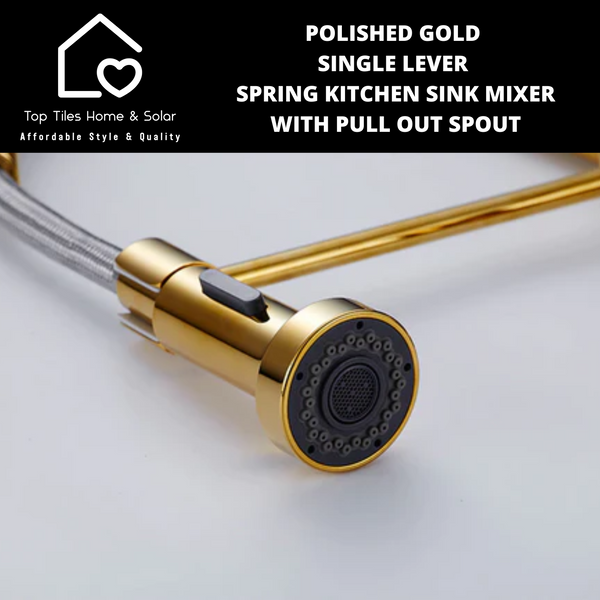 Polished Gold Single Lever Spring Kitchen Sink Mixer with Pull Out Spout