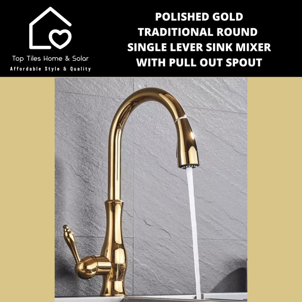 Polished Gold Traditional Round Single Lever Sink Mixer with Pull Out Spout
