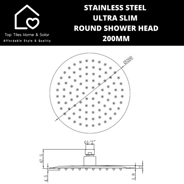 Stainless Steel Ultra Slim Round Shower Head - 200mm