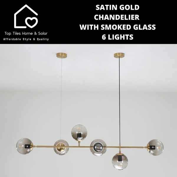 Satin Gold Chandelier with Smoked Glass - 6 Lights