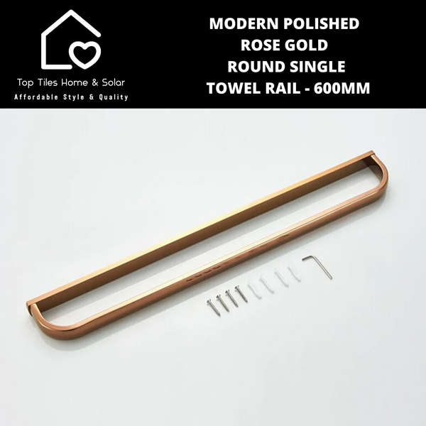 Modern Polished Rose Gold Round Single Towel Rail - 600mm