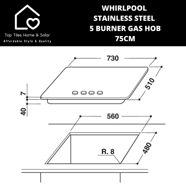 Whirlpool Stainless Steel 5 Burner Gas Hob - 75cm