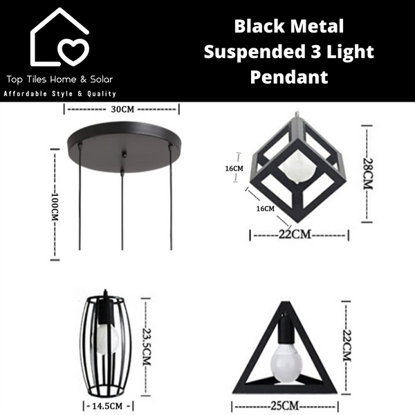 Black Metal Suspended 3 Light Pendant