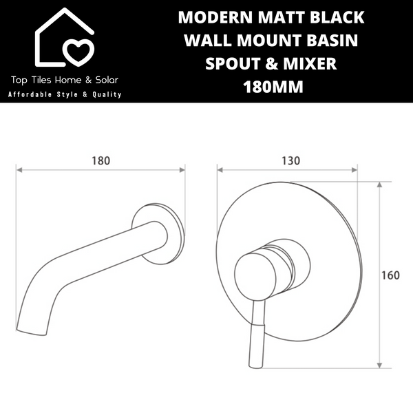 Modern Matt Black Wall Mount Basin Spout & Mixer - 180mm