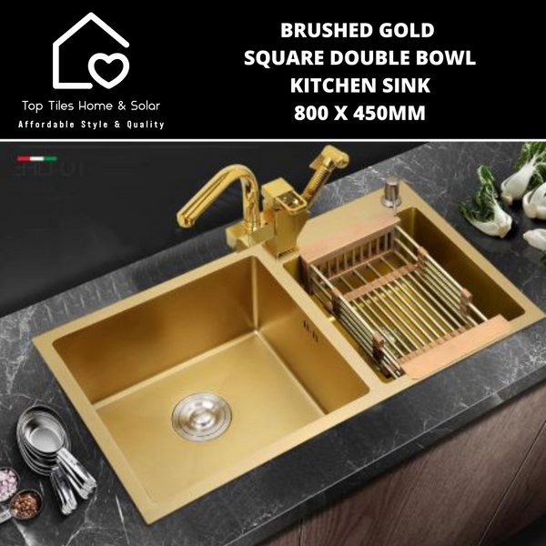 Brushed Gold Square Double Bowl Kitchen Sink - 800 x 450mm