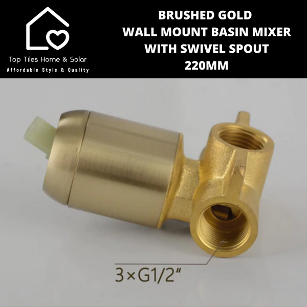 Brushed Gold Wall Mount Basin Mixer With Swivel Spout - 200mm