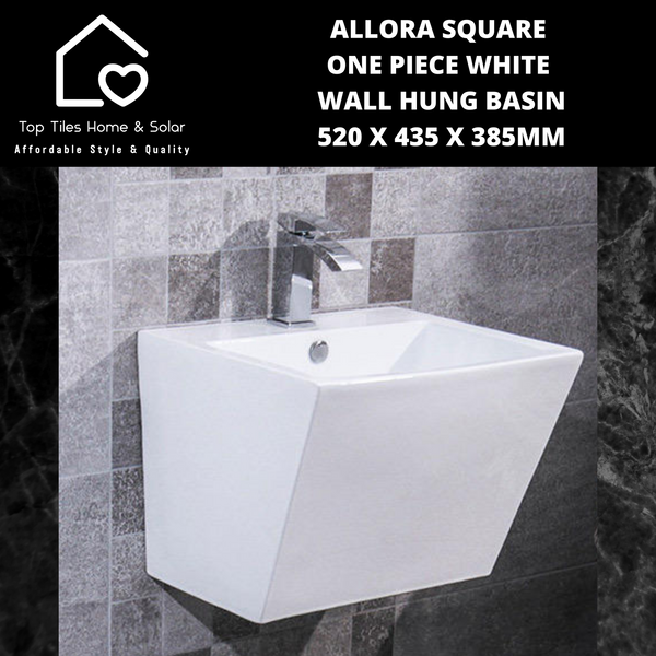 Allora Square One Piece White Wall Hung Basin - 520 x 435 x 385mm