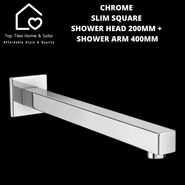 Chrome Slim Square Shower Head 200mm + Arm 400mm