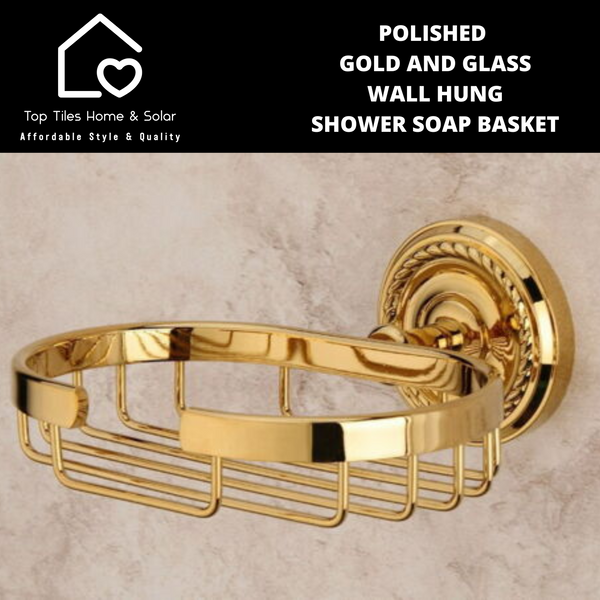 Polished Gold And Glass Wall Hung Shower Soap Basket