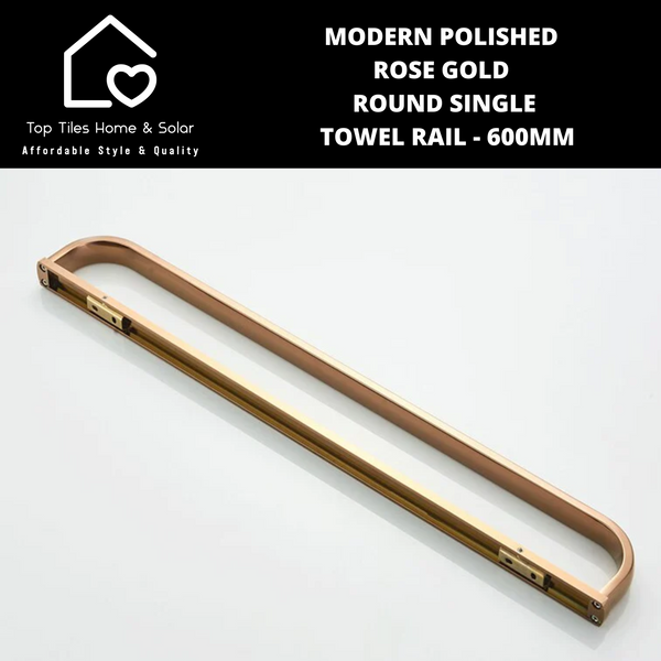Modern Polished Rose Gold Round Single Towel Rail - 600mm