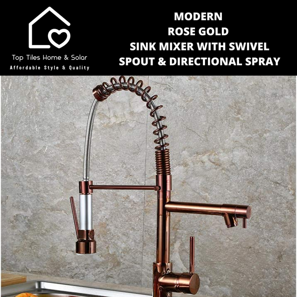 Modern Rose Gold Sink Mixer with Swivel Spout & Directional Spray