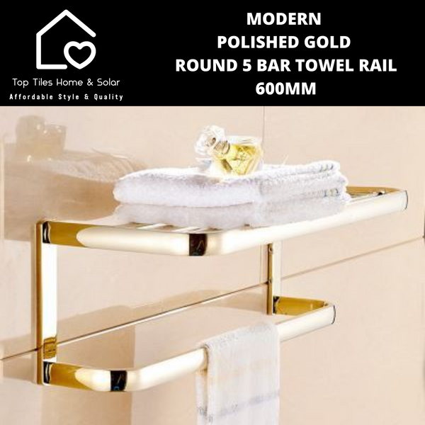 Modern Polished Gold Round 5 Bar Towel Rail - 600mm