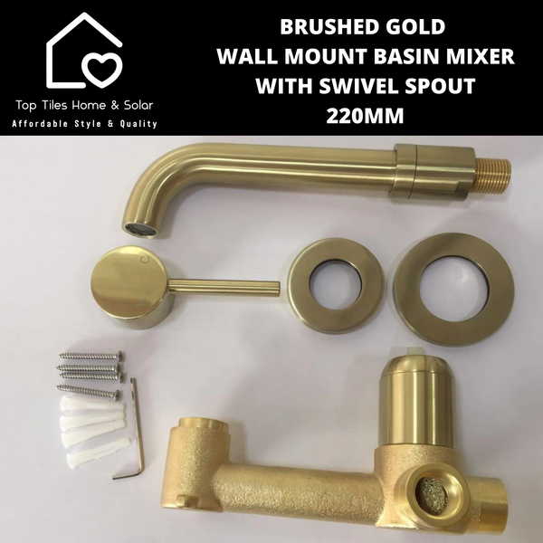 Brushed Gold Wall Mount Basin Mixer With Swivel Spout - 200mm