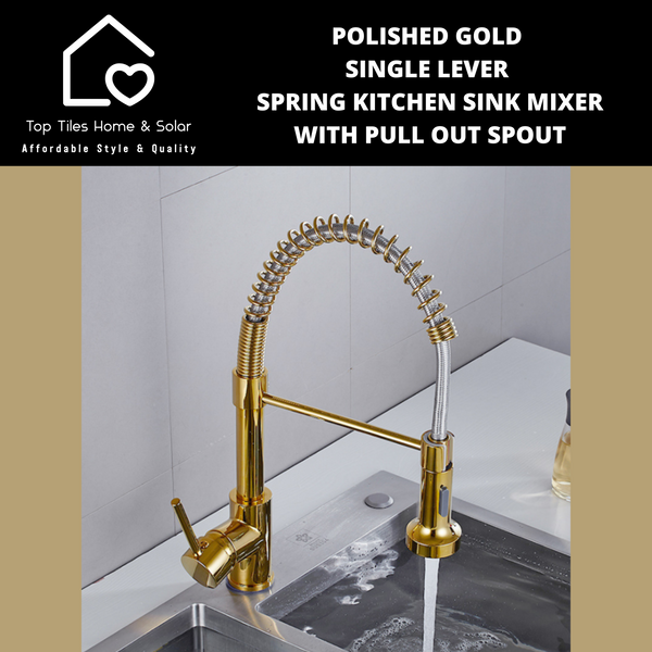 Polished Gold Single Lever Spring Kitchen Sink Mixer with Pull Out Spout