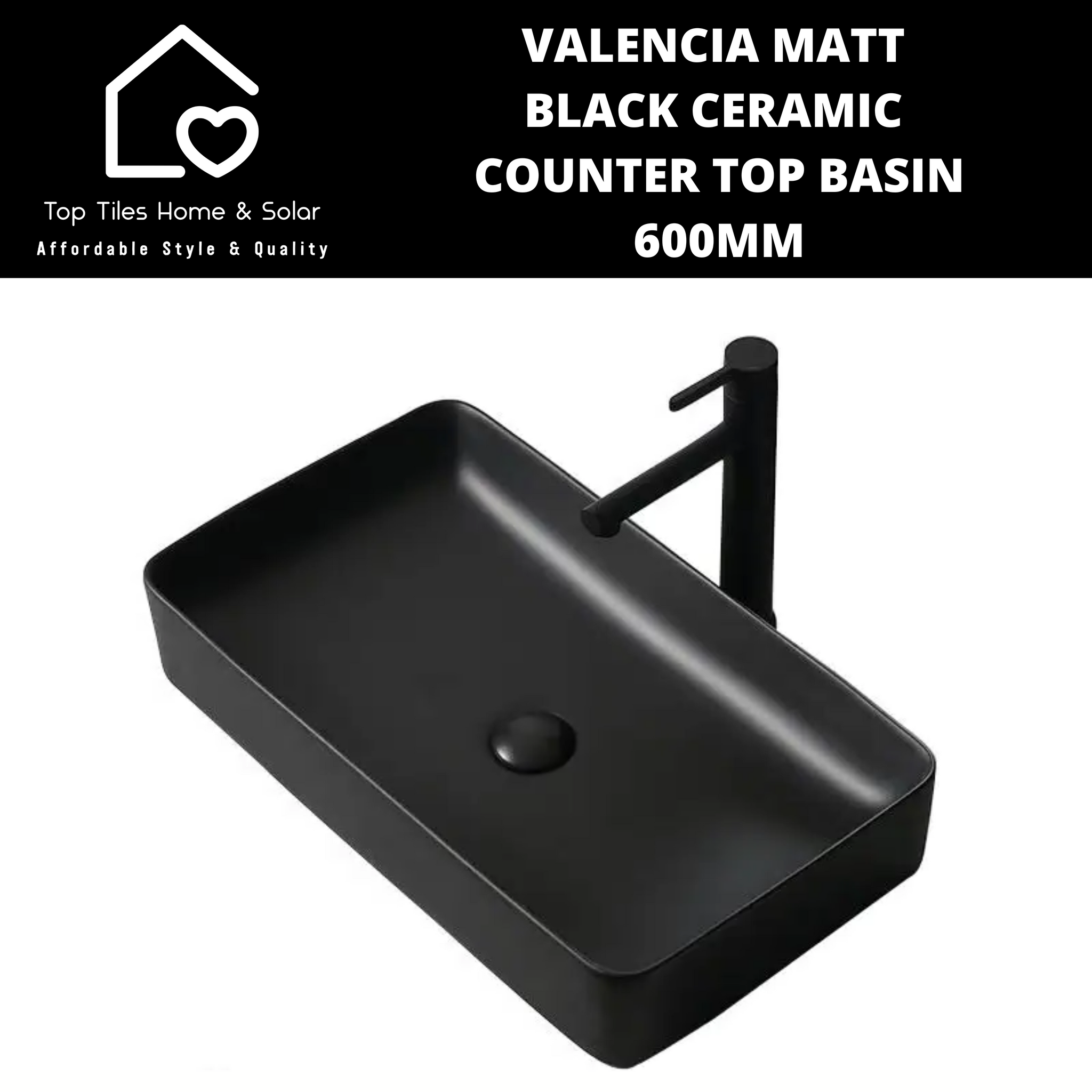 Valencia Matt Black Ceramic Counter Top Basin - 600mm