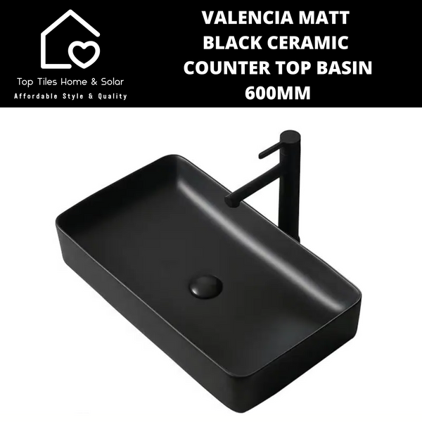Valencia Matt Black Ceramic Counter Top Basin - 600mm