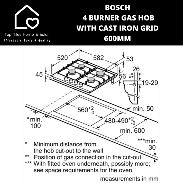 Bosch Series 6 - 4 Burner Gas Hob with Cast Iron Grid- 600mm