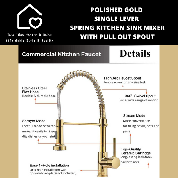 Polished Gold Single Lever Spring Kitchen Sink Mixer with Pull Out Spout