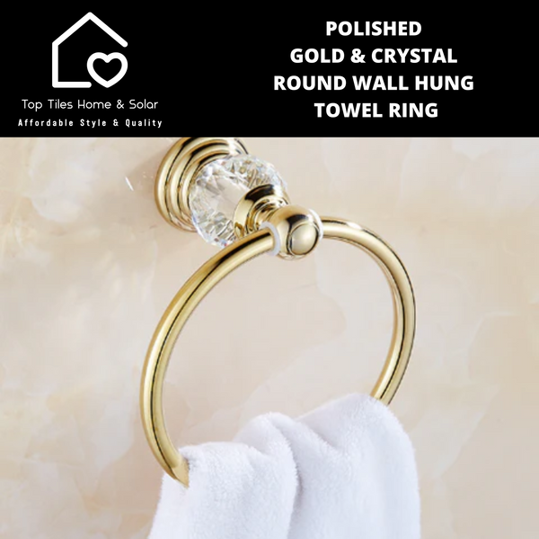 Polished Gold & Crystal Round Wall Hung Towel Ring