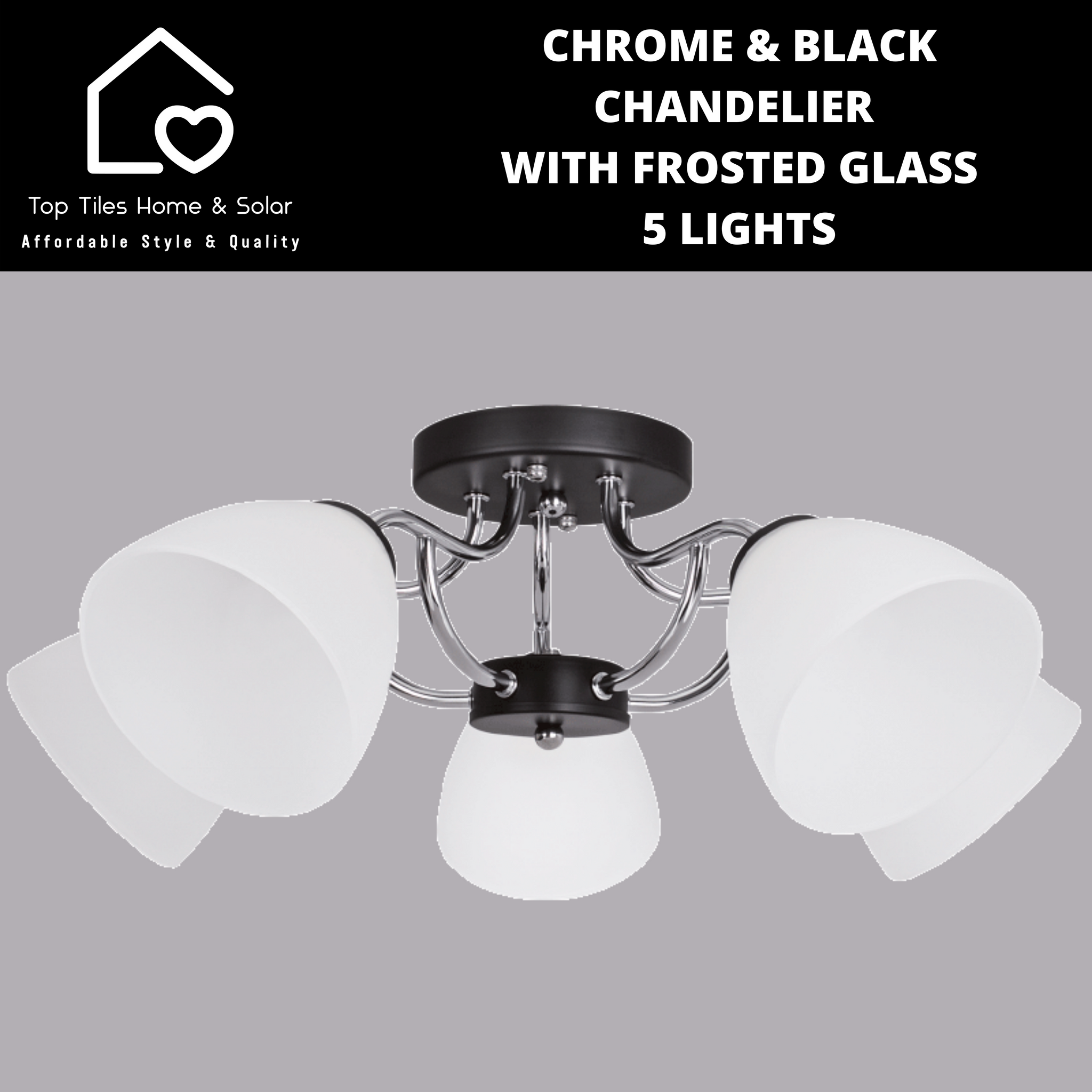 Chrome & Black Chandelier with Frosted Glass - 5 Lights