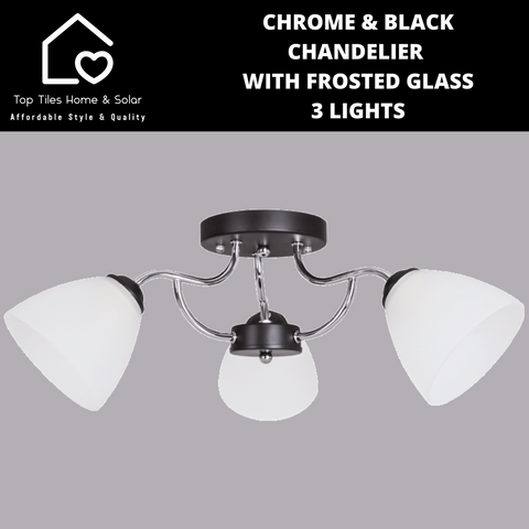 Chrome & Black Chandelier with Frosted Glass - 3 Lights